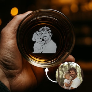 Custom Whiskey Glass with Photo Engraved on Bottom - Personalized Fathers Day Gift for Dad, Unique Rocks Glass, Laser Engraved in USA