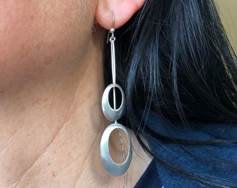 Vintage Sterling Silver Dangle Earrings - Long Sculptural Oval Jewellery