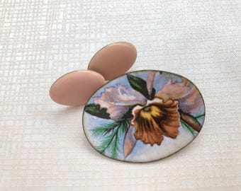 70s Floral Enamel Brooch & Earrings Set - Pastel Orchid Jewellery