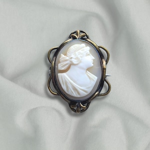 May include: A cameo brooch featuring a carved profile of a woman in a white shell cameo set in a silver tone metal frame.