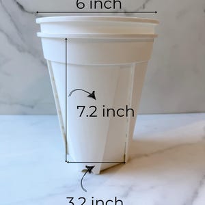 May include: White plastic plant pot with a 6 inch diameter, 7.2 inch height, and 3.2 inch base.