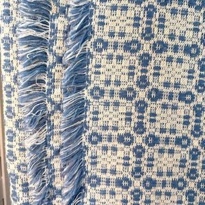 May include: Close-up of a woven textile with a repeating pattern of blue shapes on an off-white background. The edge features a fringe of blue and white threads, adding texture and detail to the fabric. The textile appears to be a throw blanket or decorative item.