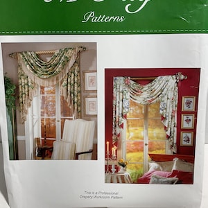 May include: A M'Fay Patterns professional drapery workroom pattern instruction sheet featuring two window treatment designs. The left image shows green floral swags with fringe, and the right image shows a floral swag over a red wall.