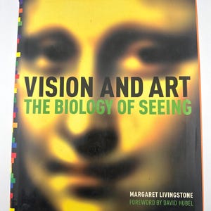 May include: A hardcover book titled Vision and Art: The Biology of Seeing by Margaret Livingstone with a foreword by David Hubel. The cover features a blurred, yellow-toned portrait of the Mona Lisa with black text and a colorful pixelated spine.