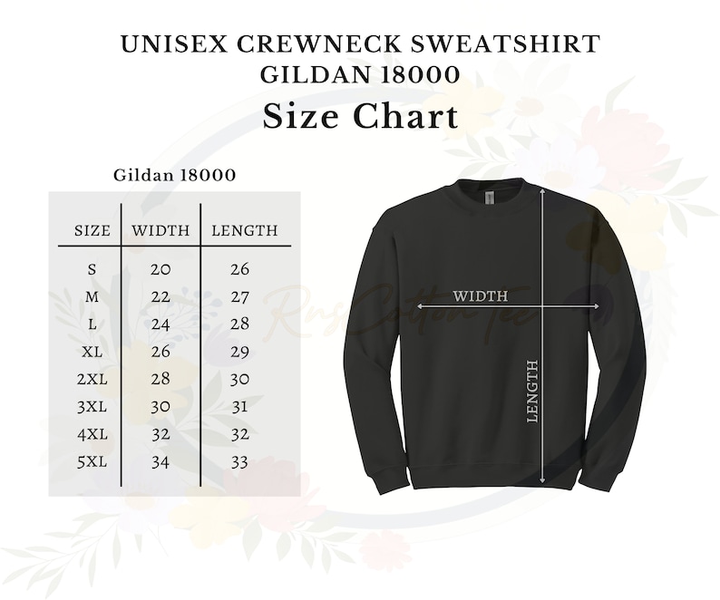 May include: Size chart for a unisex Gildan 18000 crewneck sweatshirt. The chart shows the width and length measurements in inches for sizes S through 5XL.