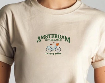 Embroidered Amsterdam City Tee, Amsterdam Love Tee, Travelers Shirt, Amsterdam Landmark Tee, Amsterdam Embroidery Shirt