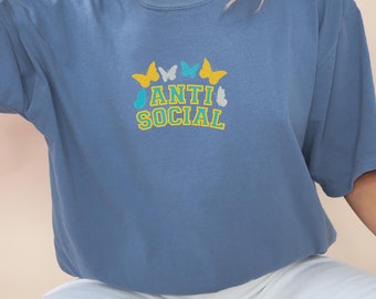 Embroidered Anti Social Shirt, Anti Social Vibes Tee, Social Distancing Tee, Anti Social Wear Tee,  Introvert Shirt, Comfort Colors Tee