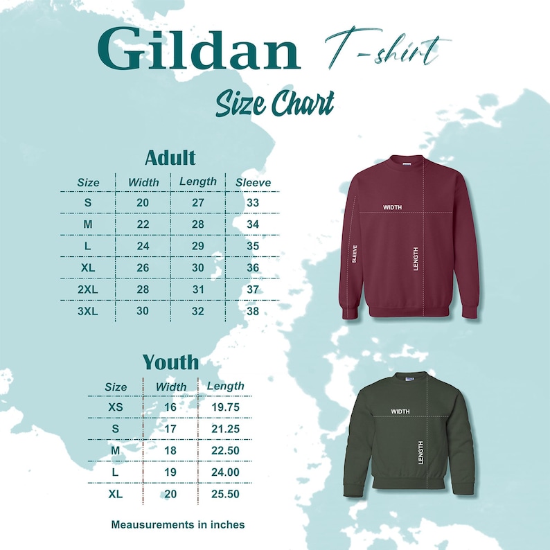 May include: Size chart for Gildan T-shirts in adult and youth sizes. The chart shows measurements in inches for width, length, and sleeve length.