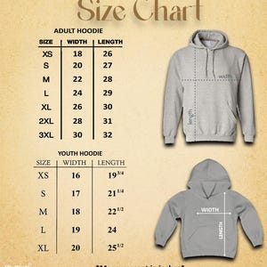 May include: Size chart for adult and youth hoodies. The adult hoodie sizes range from XS to 3XL, with widths from 18 to 30 inches and lengths from 26 to 32 inches. Youth hoodie sizes range from XS to XL, with widths from 16 to 20 inches and lengths from 19 3/4 to 25 1/2 inches.