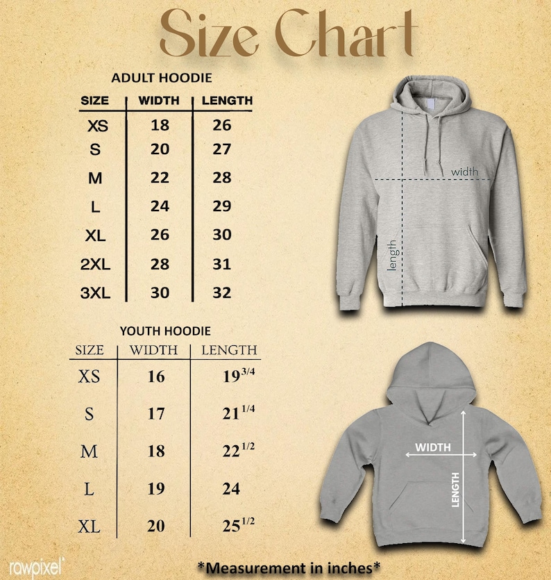 May include: Size chart for adult and youth hoodies. The adult hoodie sizes range from XS to 3XL, with widths from 18 to 30 inches and lengths from 26 to 32 inches. Youth hoodie sizes range from XS to XL, with widths from 16 to 20 inches and lengths from 19 3/4 to 25 1/2 inches.