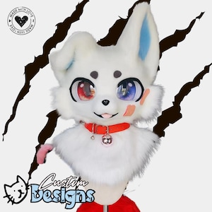May include: White furry animal head with red and blue eyes, a red collar with a bell, and a white fur collar. The head is on a white stand with a red base. The background is black with white claw marks.