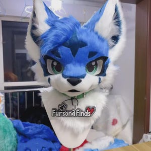 Puede incluir: Cabeza de zorro peluda azul y blanca con grandes ojos verdes y una nariz negra. La cabeza tiene un collar verde y una etiqueta blanca que dice "Fursona Finds". La cabeza de zorro es un disfraz o artículo de cosplay.