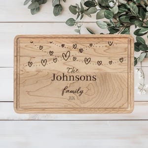 Può includere: Tagliere rettangolare in legno chiaro con bordo scolpito. Presenta un design di cuori e il testo "The Johnsons family 2026". Il legno è marrone chiaro con venature visibili.
