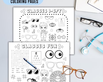 Eyeglasses activity sheet, optometrist office digital game, eye doctors waiting room coloring page, school nurse ispy, pediatrician placemat