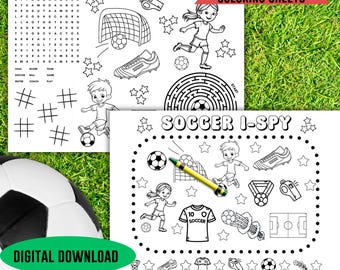 Soccer coloring activity, kids team building digital game, party favor travel soccer page, club birthday placemat, game clinic sheet