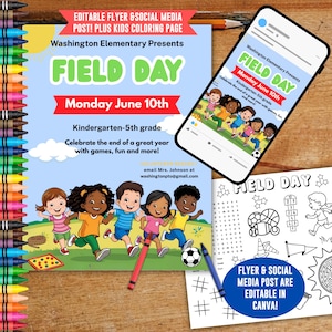 Field Day FLYER & social media post, Field day coloring activity page, editable end of year social post, kids last day summer games handout