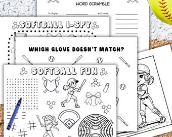 Softball coloring activity game, kid printable summer mom gift, coach team building practice party favor, girl tournament placement puzzle