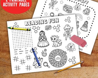 Reading kid coloring sheet, digital download book fair activity, school library wordsearch, class story printable game, book page placemat