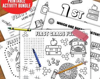 First Grade printable coloring activity page, word search scramble game, 1st grade teacher sheet, first day of school pta bus lunch placemat