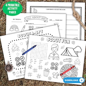 Scout activity coloring page, Boy team building game, troop leader digital sheet, club meeting camp gift, sleepover party printable placemat