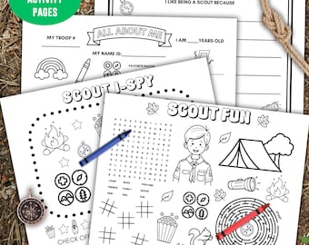 Scout activity coloring page, Boy team building game, troop leader digital sheet, club meeting camp gift, sleepover party printable placemat
