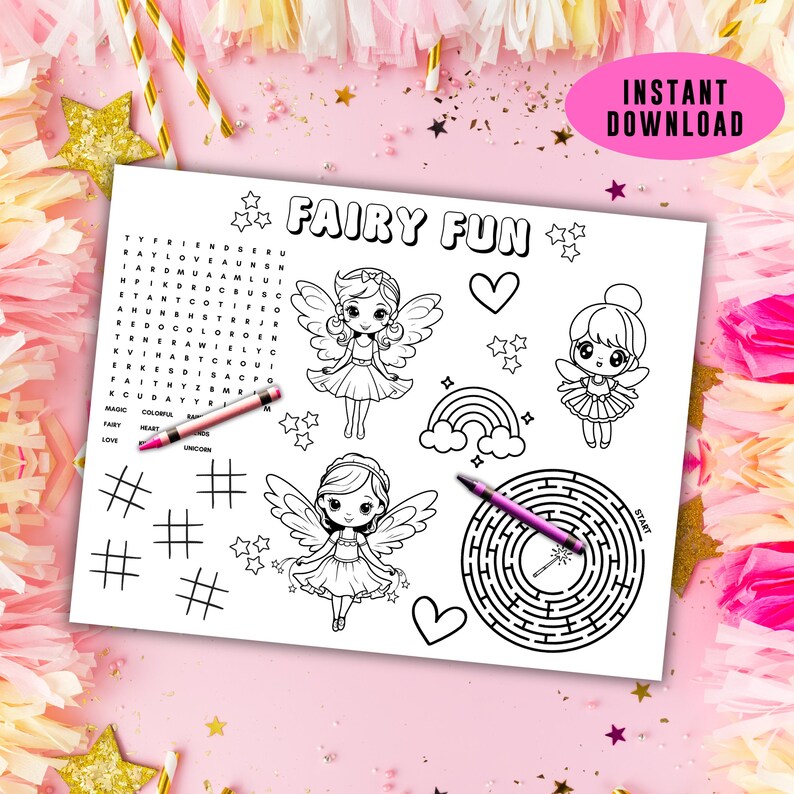 Fairy Coloring Pages, Girl Birthday Activity Sheet, Kids Party Favor ...