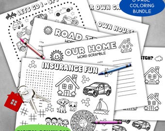 Insurance agent waiting room coloring bundle, producer printable game, auto & home digital activities, ins umbrella search tic tac toe sheet