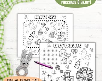 Baby shower game kid activity sheet, printable pink or blue bow favor, surprise tic tac coloring gift, easy family party boy girl place mat
