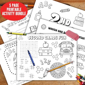 Second Grade printable coloring activity bundle, word search scramble game, 2nd grade teacher sheet, first day of school digital download
