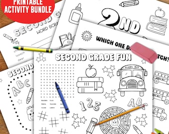 Second Grade printable coloring activity bundle, word search scramble game, 2nd grade teacher sheet, first day of school digital download