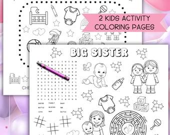 Big Sister coloring page, Pregnancy announcement party activity sheet, kids printable baby shower favor gift for her, family dinner placemat