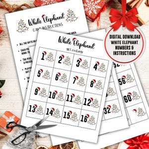 May include: White Elephant gift exchange game set. Includes game instructions and number cards. The cards feature Christmas trees with Santa hats and numbers. A digital download is available.