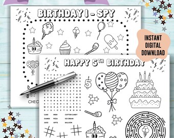 5th Birthday party coloring activity sheets, printable kid fifth bday game gift, easy class activities placemat, family event digital favor