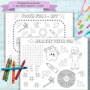 Dentist office kids coloring sheet, digital download waiting room activity, family dental kids maze wordsearch, printable game ispy prize
