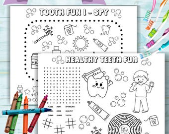 Dentist office kids coloring sheet, digital download waiting room activity, family dental kids maze wordsearch, printable game ispy prize