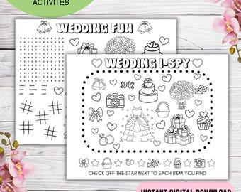 wedding printable placemat, shower coloring activity sheet, bridal party download, dress cake tic tac easy kids flower girl favor gift