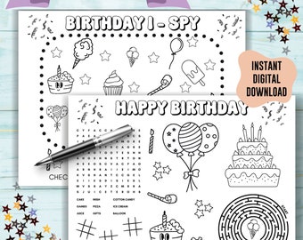 Birthday Coloring Activity Sheets: Kids Games Bundle (Digital Download)