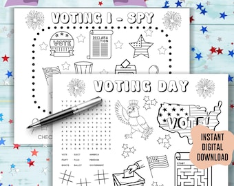 2- Easy voting day kid coloring sheet, digital download school election activity, family government  maze wordsearch, printable games ispy