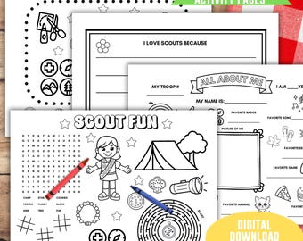 Scout coloring activity, Girl team building game, troop leader digital sheet, club meeting camp gift, sleepover party printable placemat