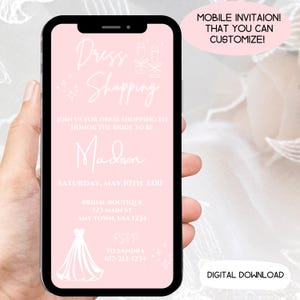Wedding Dress Shopping mobile editable invitation, customized phone bridal party invite, say yes to the dress text social post, bride to be