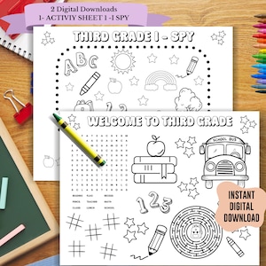 May include: Two digital download activity sheets for third grade. The top sheet says "Third Grade I-Spy" with illustrations of school-related items. The bottom sheet says "Welcome to Third Grade" with a word search and other activities. Includes the text "Instant Digital Download".