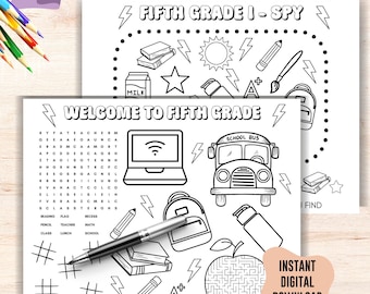 Fifth Grade coloring activity sheets, printable welcome game, kids 5th grade activities bundle, 2-first day of school digital desk sheet