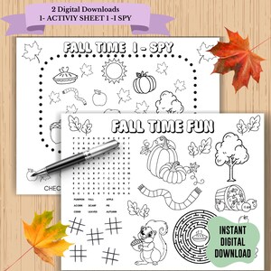 Könnte beinhalten: Zwei digitale Download-Aktivitätsblätter mit herbstlichen Illustrationen. Das obere Blatt trägt den Titel "Fall Time I-Spy" und das untere Blatt trägt den Titel "Fall Time Fun". Ein Stift liegt auf dem unteren Blatt. Die Blätter enthalten Kürbisse, Blätter und ein Eichhörnchen.