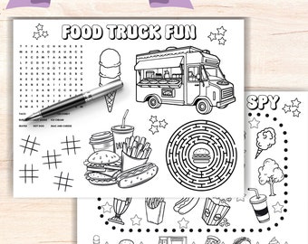 Food Truck coloring activity placemat, printable summer kids game gift, food festival activity sheet, bbq craft fair or event digital print