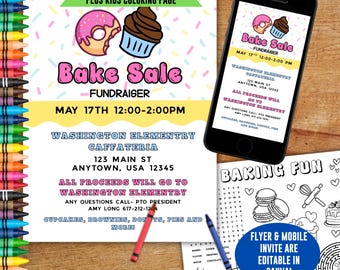 Bake sale FLYER & mobile invitation, customized PTO or PTA fundraiser phone invite, editable text social post, kid activity coloring page