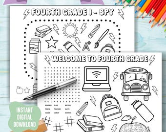 2- Fun Fourth Grade coloring activity sheets, printable welcome game, kids 4th grade activities bundle, first day of school digital print
