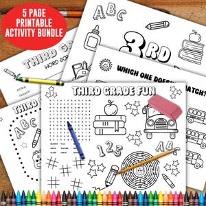May include: Black and white printable activity sheets for third grade students. The sheets include a word search, a maze, a connect the dots, and a find the matching picture activity. The sheets are decorated with stars, pencils, and school buses.