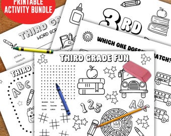 Third Grade printable coloring activity bundle, word search scramble game, 3rd grade teacher sheet, first day of school digital download