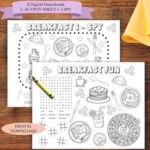 Breakfast restaurant kid coloring placemat, pancake brunch lunch activity sheet, family eat out weekend wordsearch, food printable game ispy