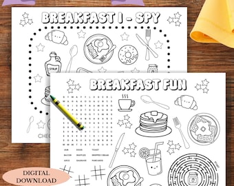 Breakfast restaurant kid coloring placemat, pancake brunch lunch activity sheet, family eat out weekend wordsearch, food printable game ispy